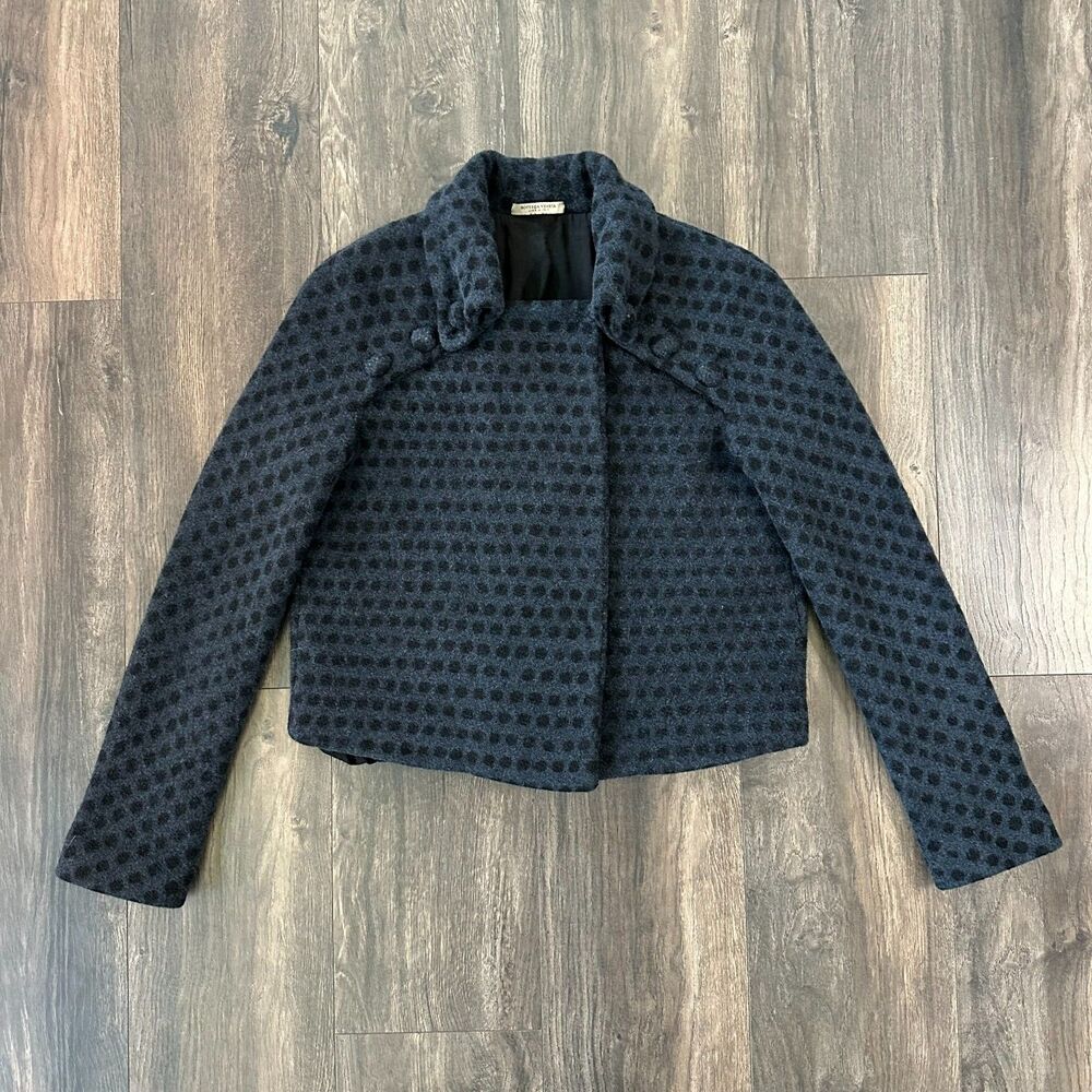 Vintage Bottega Veneta Italy Wool Blue Jacket Black Polka Dots Womens Small Coat